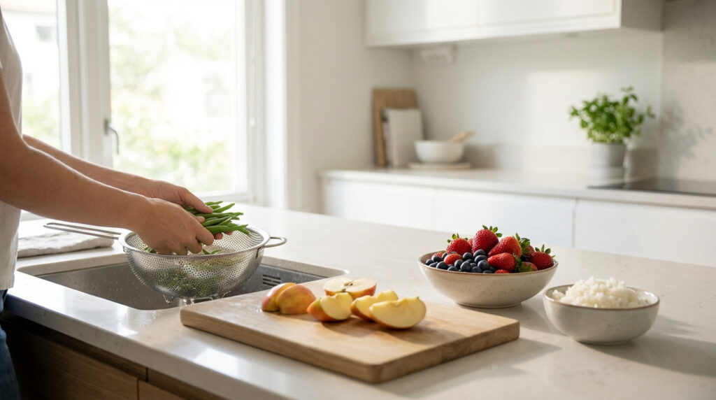 Personne lavant des haricots verts dans un égouttoir. Sur le comptoir, des pommes, baies et riz, suggérant un repas faible en potassium.