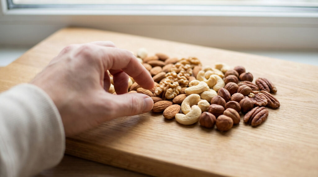 Main saisissant une amande d'un mélange de fruits à coque (noix, cajou, noisettes, pacanes) sur une planche en bois.