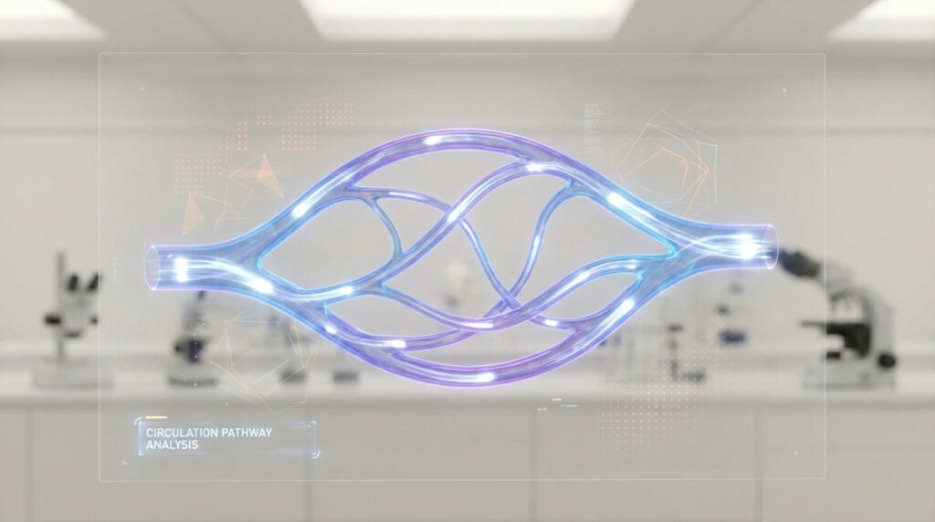 Modèle 3D lumineux de voies circulatoires sur écran holographique en laboratoire. Texte : 'CIRCULATION PATHWAY ANALYSIS'.