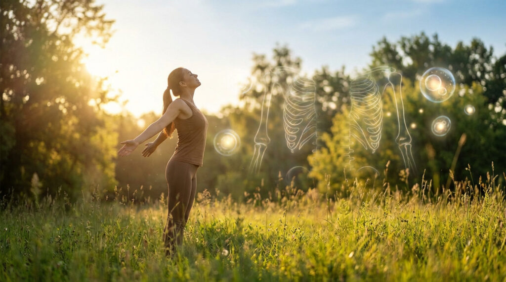 Femme dans un champ ensoleillé, bras ouverts, avec un squelette et des bulles lumineuses symbolisant la vitamine D et la santé osseuse.