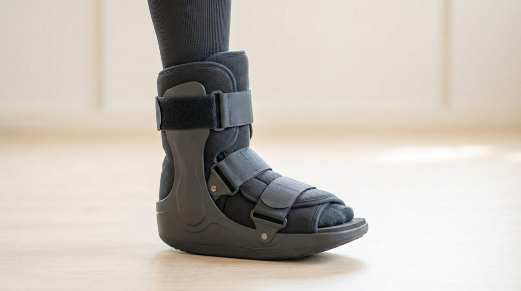 Pied avec chaussette noire et botte de marche orthopédique grise munie de sangles, posé sur un parquet clair.