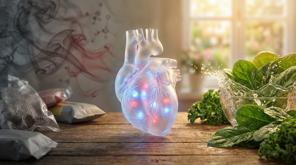 Illustration d'un cœur lumineux entre aliments transformés/fumée à gauche et légumes frais/eau à droite, symbolisant santé et danger.