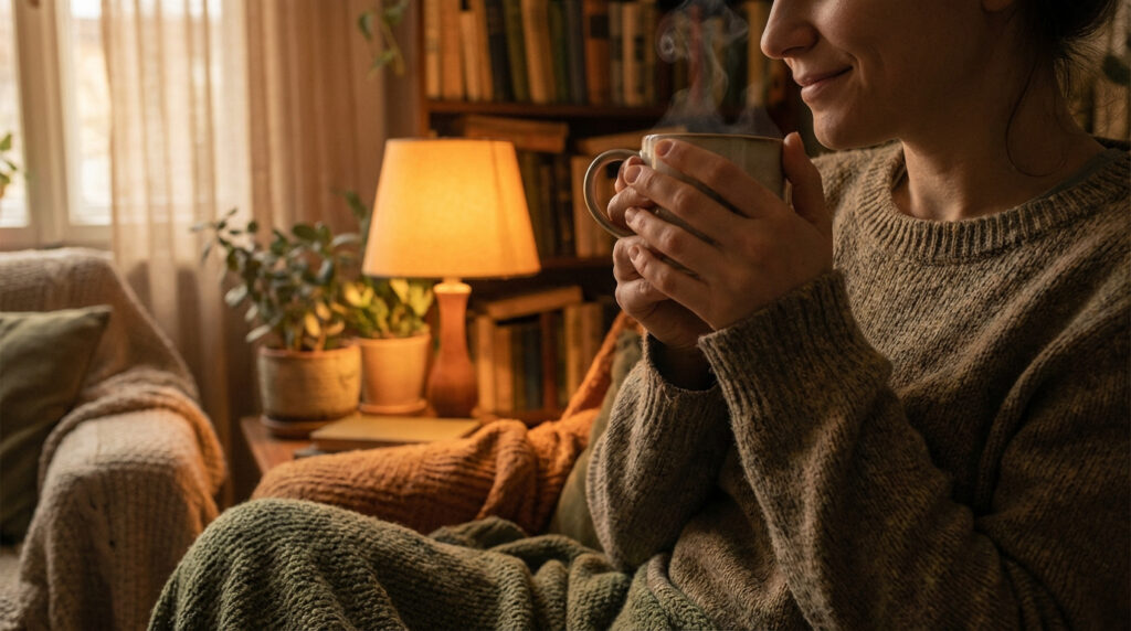 Femme souriante tient une tasse fumante à deux mains, enveloppée dans une couverture chaude, dans un salon cosy avec lumière tamisée.