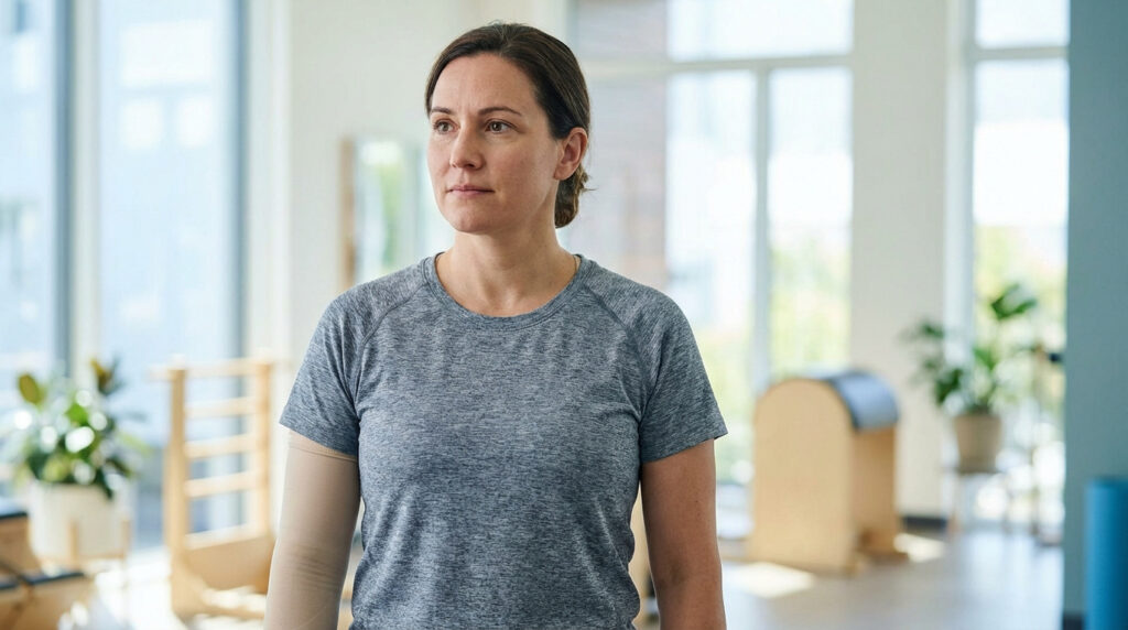 Femme en t-shirt gris avec manchon de compression sur le bras gauche, regard déterminé, dans une salle de physiothérapie lumineuse.