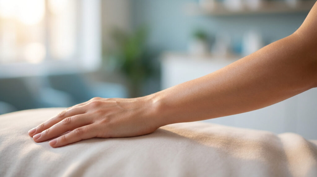 Main et avant-bras d'une personne reposant sur un tissu doux, suggérant une peau saine et apaisée. Lumière douce en arrière-plan.
