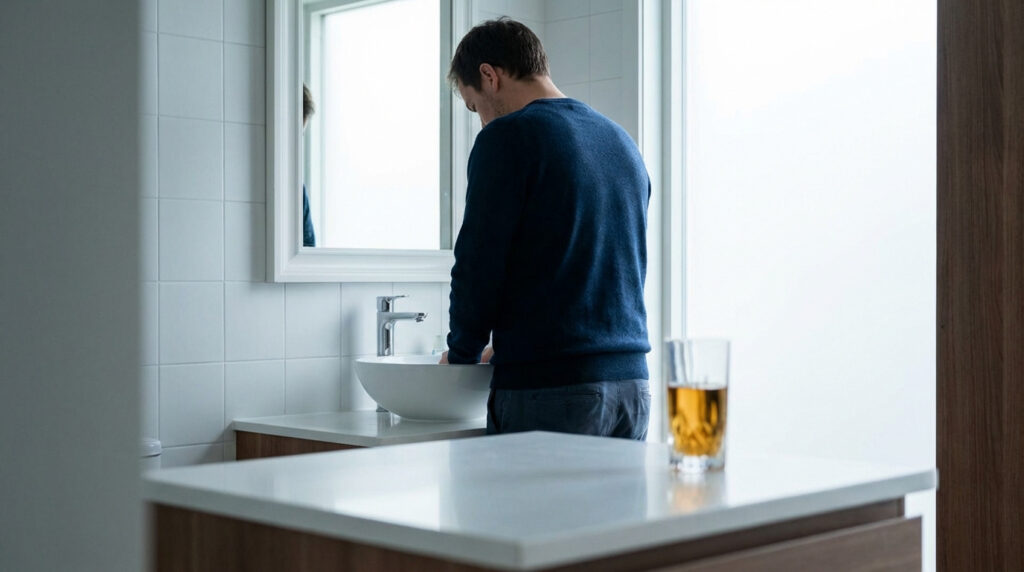 Un homme vu de dos se tient devant un lavabo de salle de bain. Un verre de boisson alcoolisée est posé sur le comptoir.