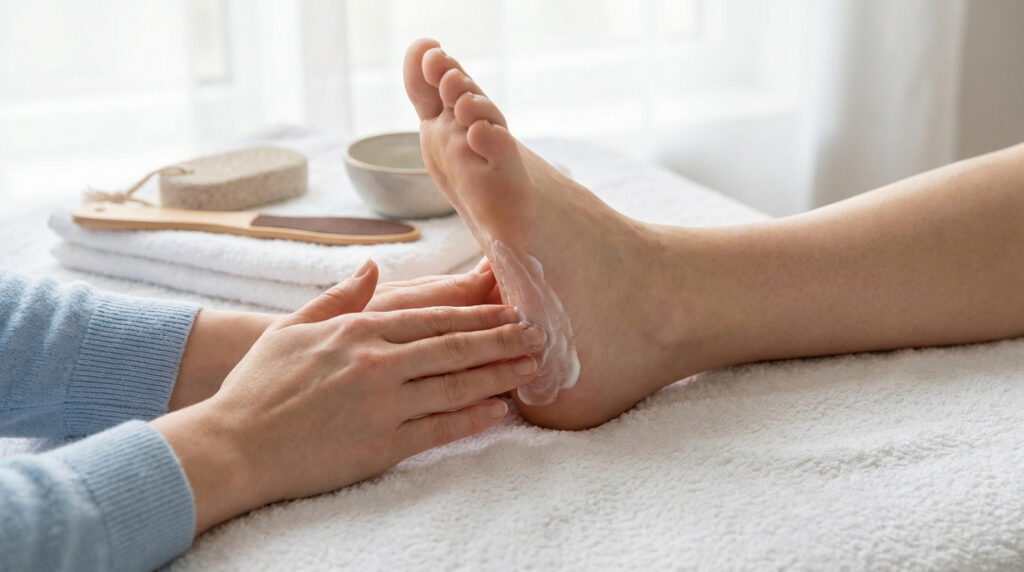 Gros plan sur des mains appliquant de la crème sur un pied posé sur des serviettes. Des outils de pédicure sont en arrière-plan.