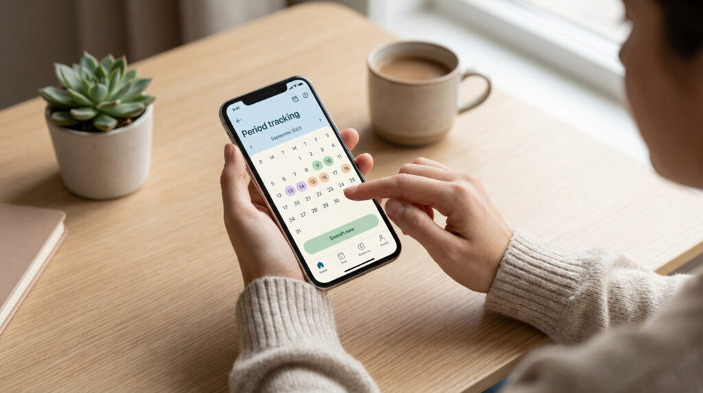 Main utilisant un smartphone pour consulter une application de suivi de cycle menstruel avec un calendrier daté.