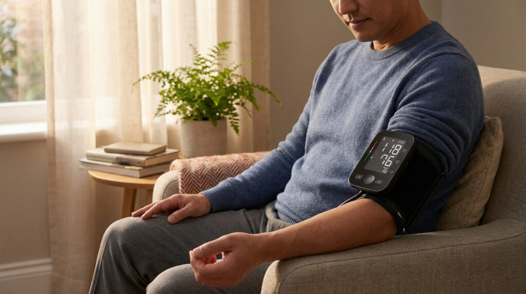 Homme mesurant sa tension à domicile avec un tensiomètre électronique affichant 118/76. Il est assis calmement dans un fauteuil.