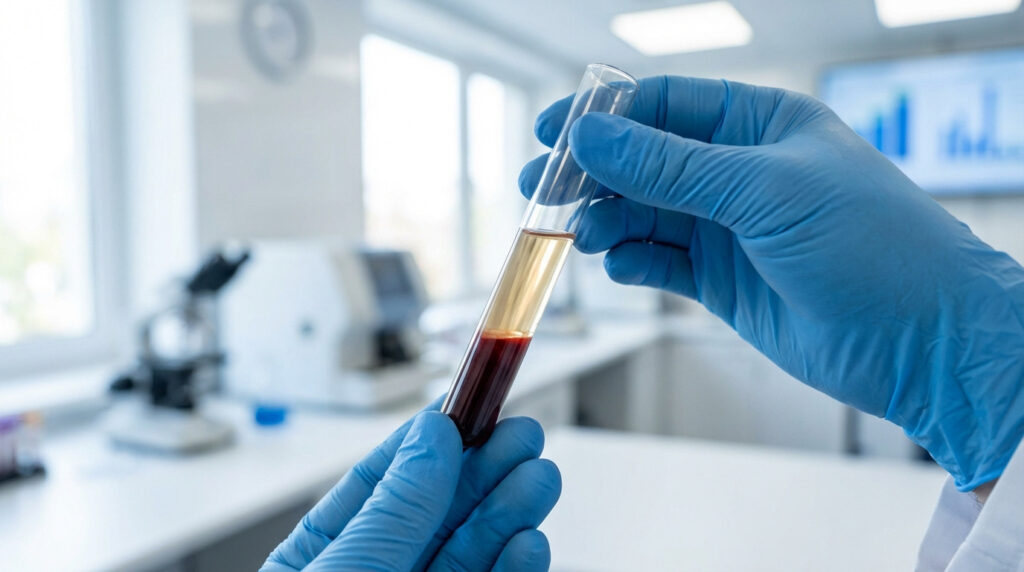 Mains gantées tenant un tube à essai avec du sang séparé (couche rouge et jaune) dans un laboratoire médical.