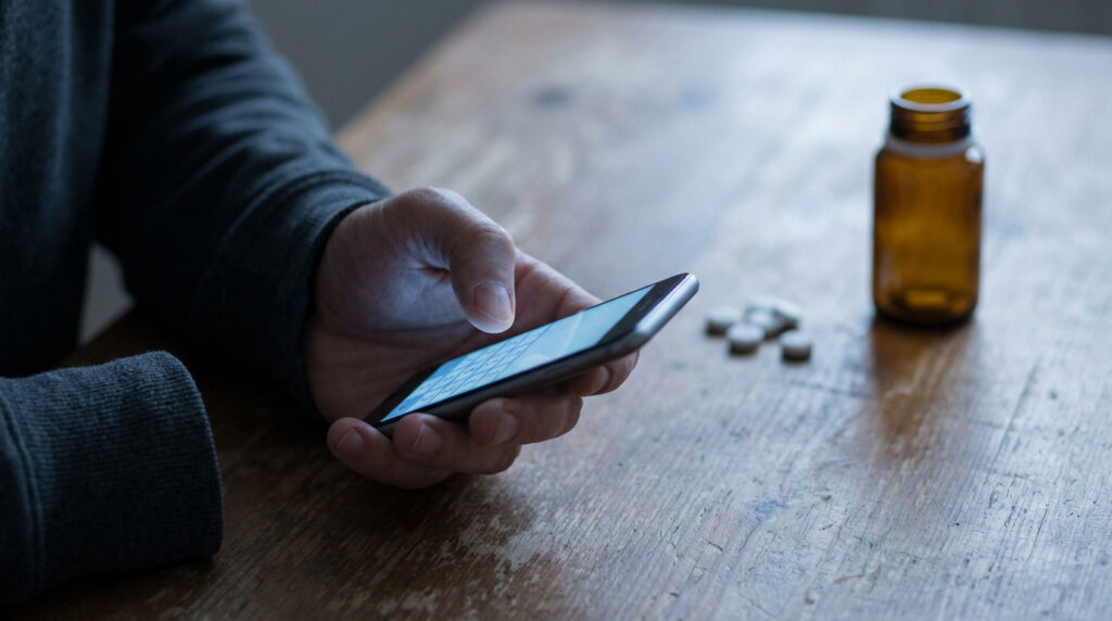 Main utilisant un smartphone près de pilules et un flacon vide sur une table, suggérant une urgence médicale.