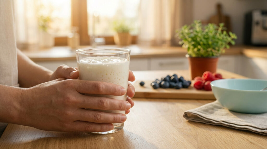Une personne tient un verre de kéfir crémeux dans une cuisine lumineuse. Des fruits rouges frais, un bol et des herbes sont sur le comptoir en bois.