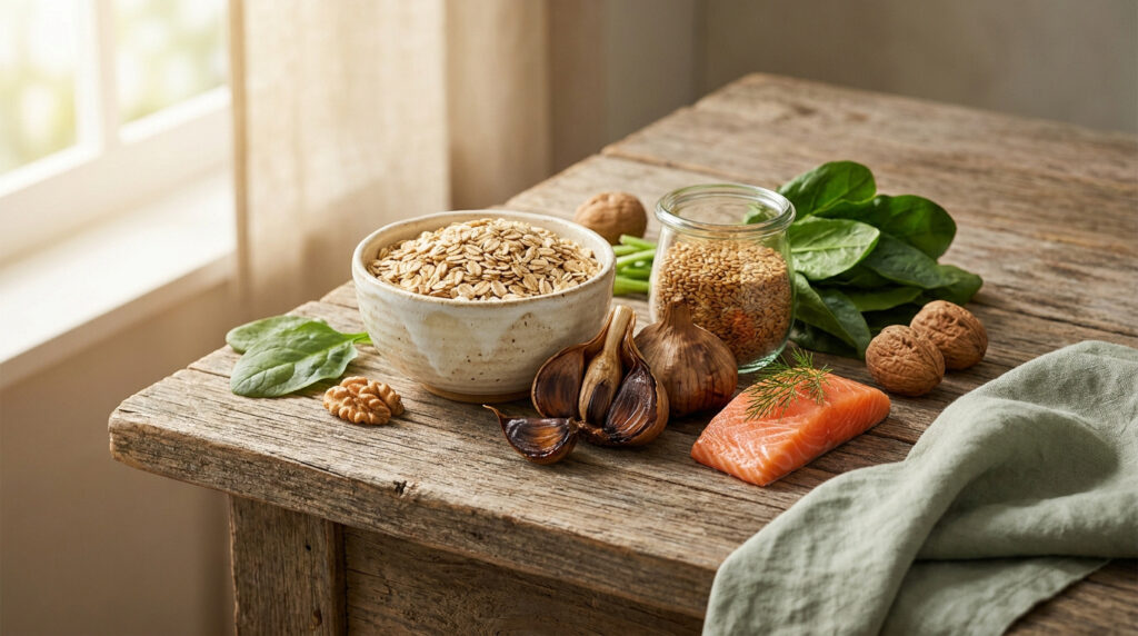 Des aliments naturels anti-cholestérol: avoine, graines de lin, saumon, épinards, ail noir et noix sur une table en bois.