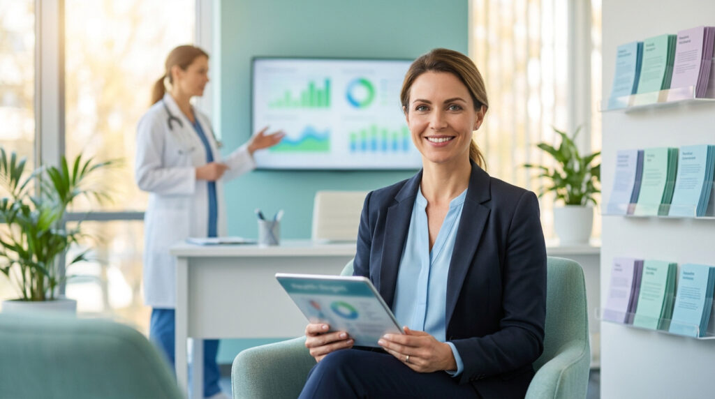 Une femme en tenue d'affaires tient une tablette, souriant. En arrière-plan, un médecin présente des données sur l'HPV.