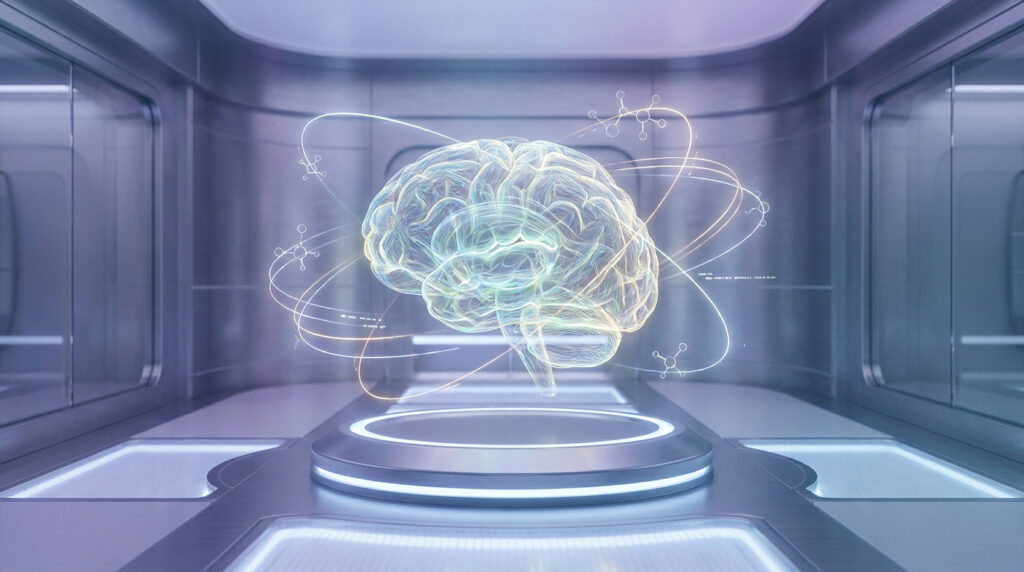 Représentation numérique lumineuse d'un cerveau humain, avec des structures moléculaires, dans un environnement de laboratoire high-tech.