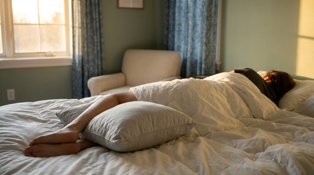 Personne dormant sur le côté dans un lit, un oreiller entre les genoux, pour soulager la sciatique. Lumière douce du matin.