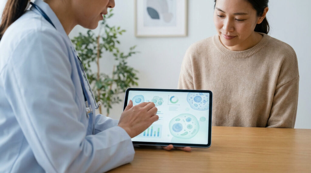 Une médecin explique des résultats d'analyse, incluant des schémas cellulaires et graphiques, à une patiente attentive sur une tablette.