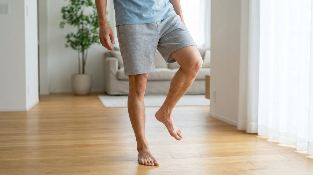 Personne faisant un exercice d'équilibre sur une jambe, pieds nus, sur un parquet, pour la proprioception de la cheville.