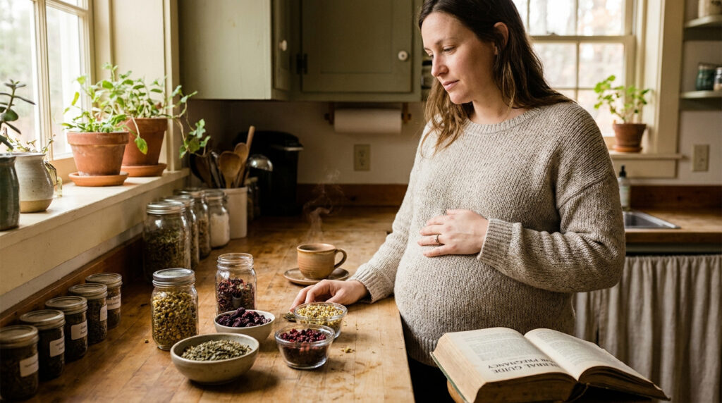 Femme enceinte dans sa cuisine rustique examinant des herbes et des graines. Une tasse fumante et un livre sur la grossesse l'accompagnent.