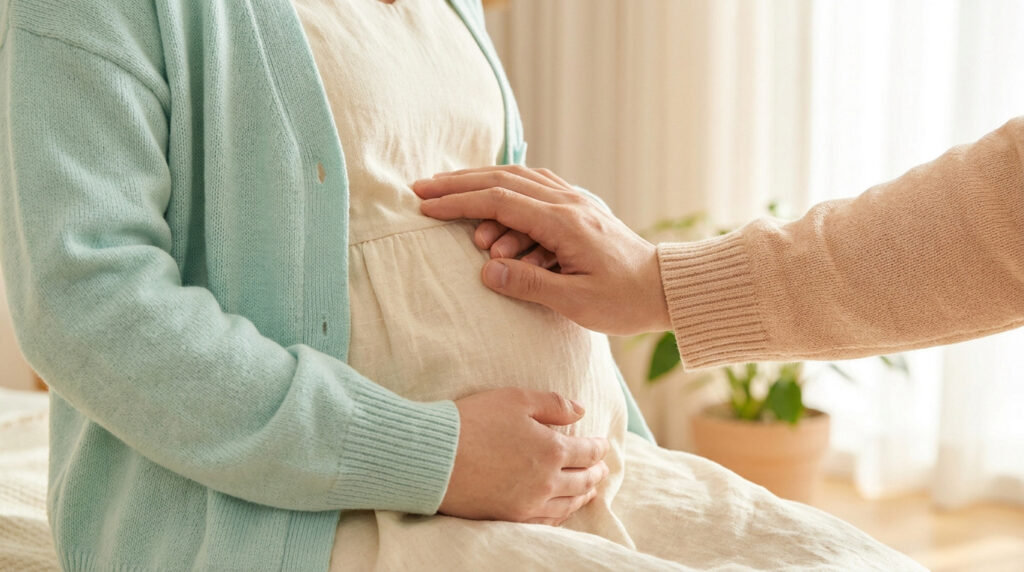 Deux mains caressant le ventre d'une femme enceinte, symbolisant l'amour et le soutien durant cette période précieuse.