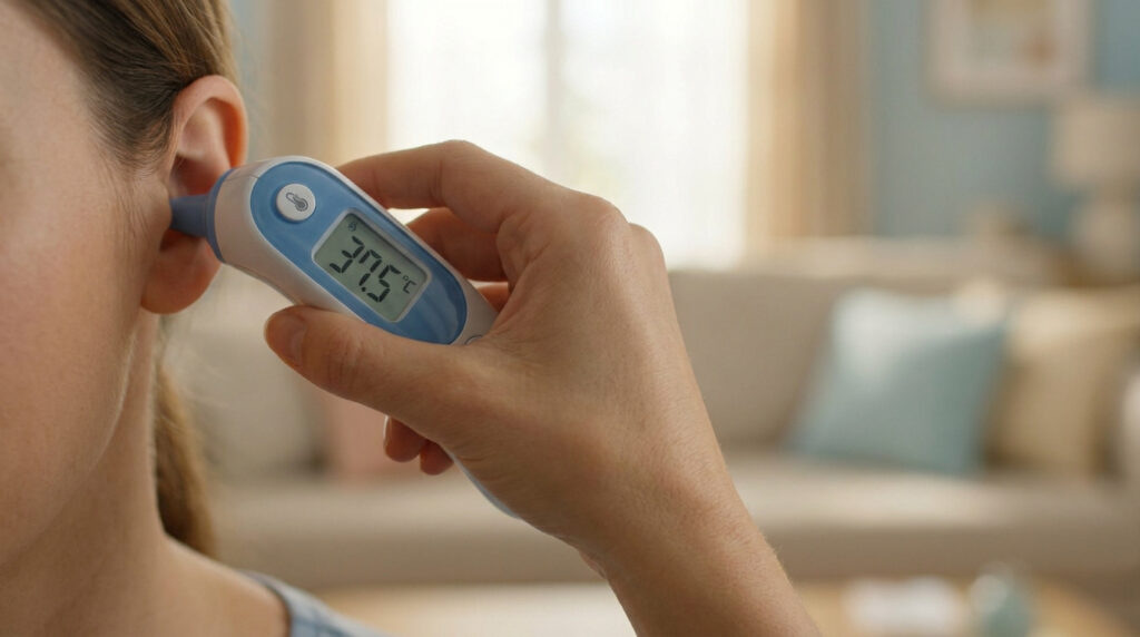 Une personne mesure sa température auriculaire avec un thermomètre digital affichant 37,5°C, dans un intérieur clair.