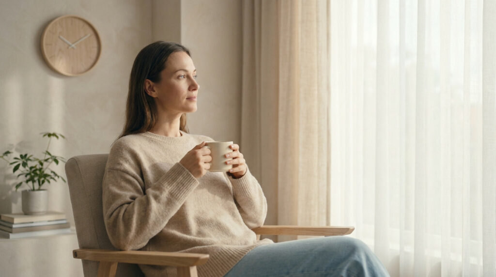 Femme assise sereinement, tenant une tasse, regardant par la fenêtre. Ambiance calme et lumineuse pour l'introspection et la guérison.