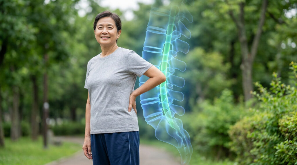 Femme asiatique souriante dans un parc, main sur le bas du dos, avec illustration translucide et lumineuse de sa colonne lombaire.