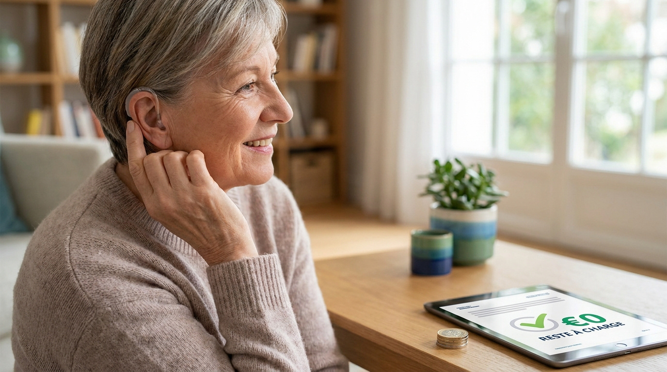 Femme senior souriante ajustant son appareil auditif devant une tablette affichant 0€ de reste à charge.