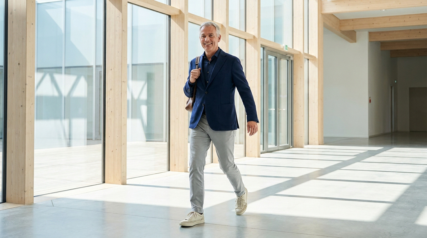 Un homme souriant marche avec aisance dans un couloir moderne et lumineux, illustrant une mobilité retrouvée.
