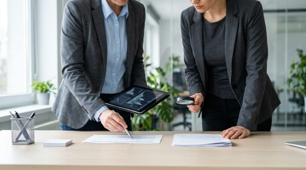 Deux professionnelles en costume analysent des documents et des graphiques numériques sur une tablette dans un bureau.