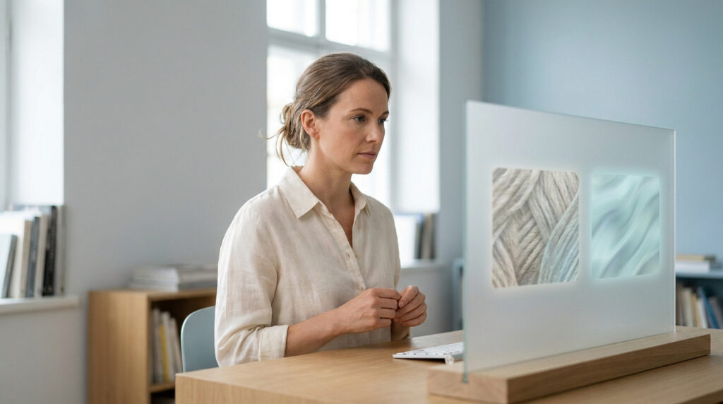 Une femme devant un écran transparent analysant deux types de textures de poils ou de tissus.