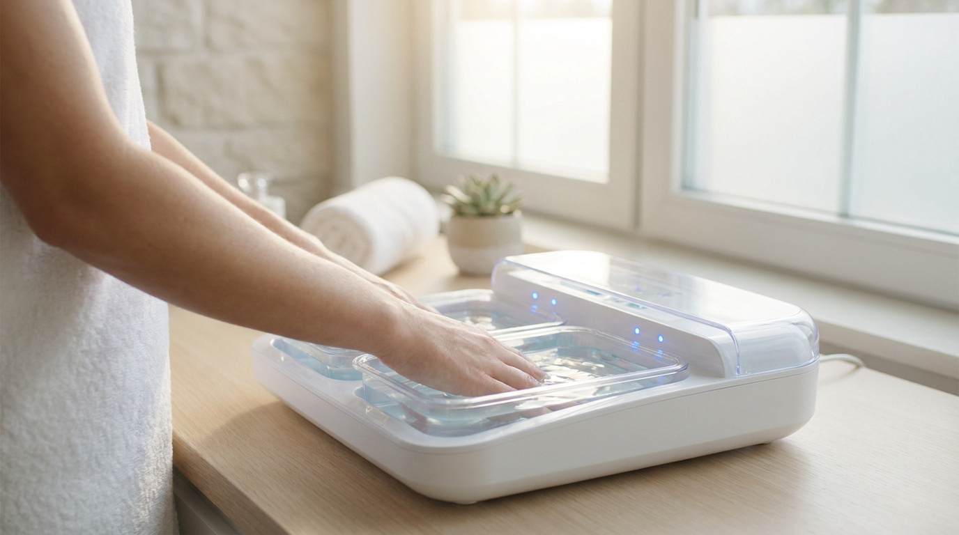 Une personne traite ses mains contre la transpiration excessive avec un appareil d'ionophorèse rempli d'eau.