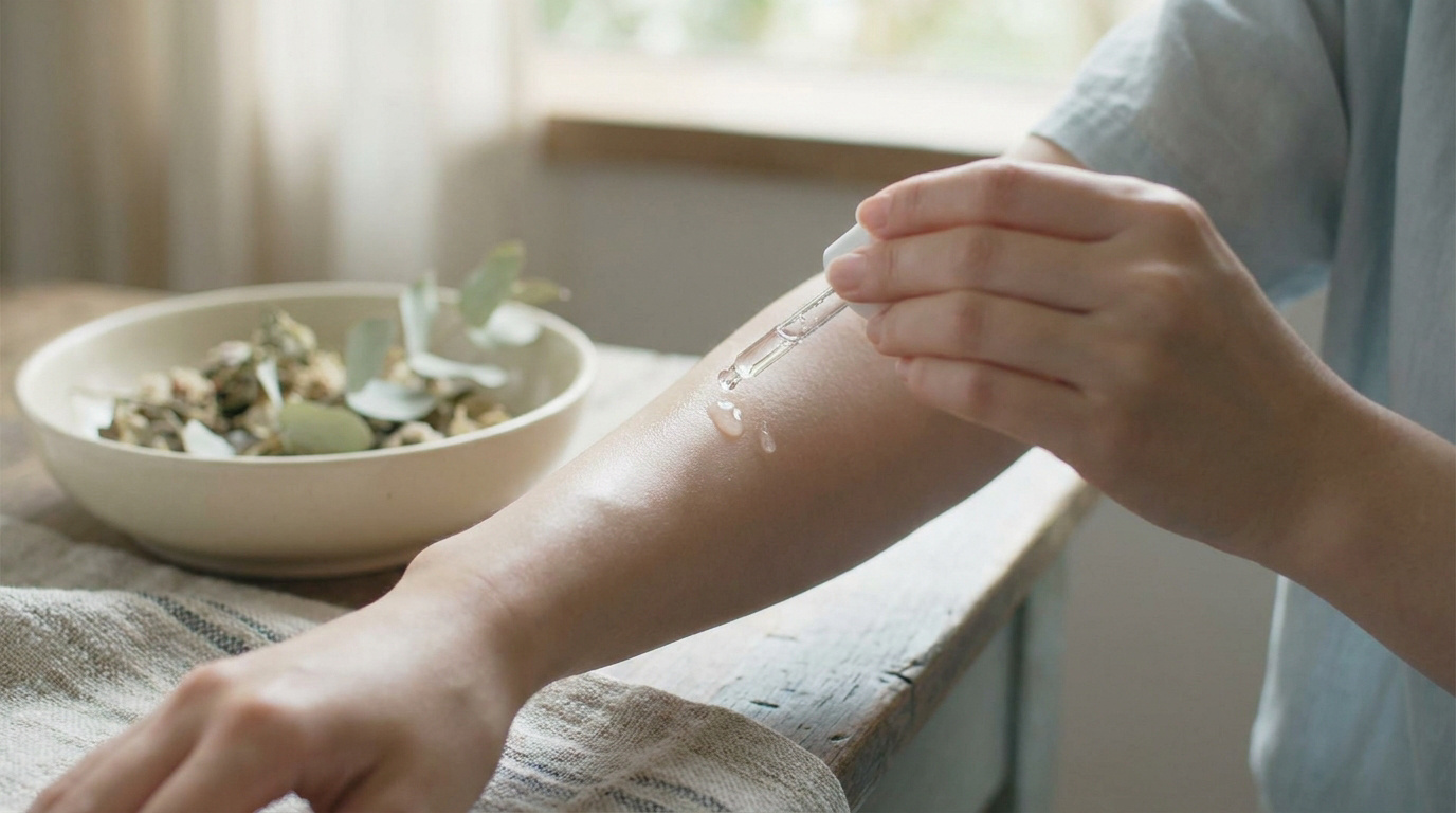 Une main appliquant une goutte de sérum transparent sur l'avant-bras avec une pipette.