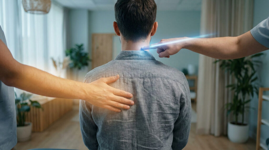 Vue arrière d'un patient examinant son dos par deux praticiens, l'un touchant le dos et l'autre pointant les cervicales.