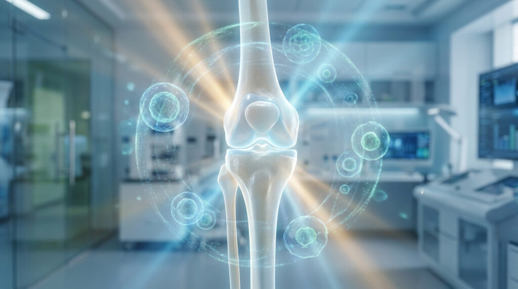 Modèle 3D d'un genou humain entouré d'une interface holographique de cellules dans un laboratoire médical.