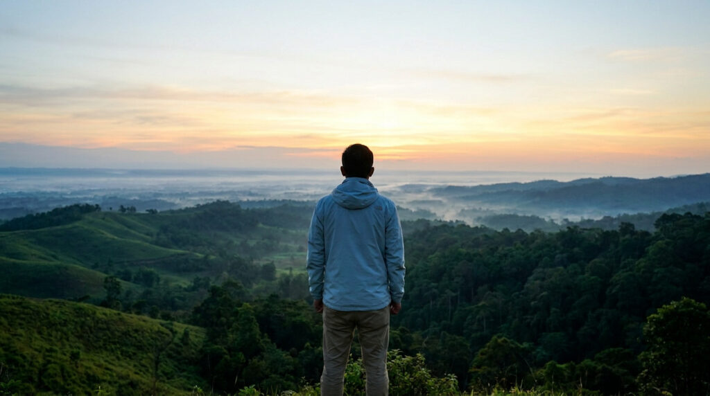 Une personne vue de dos regardant un lever de soleil sur un vaste paysage de montagnes et de forêt brumeuse.