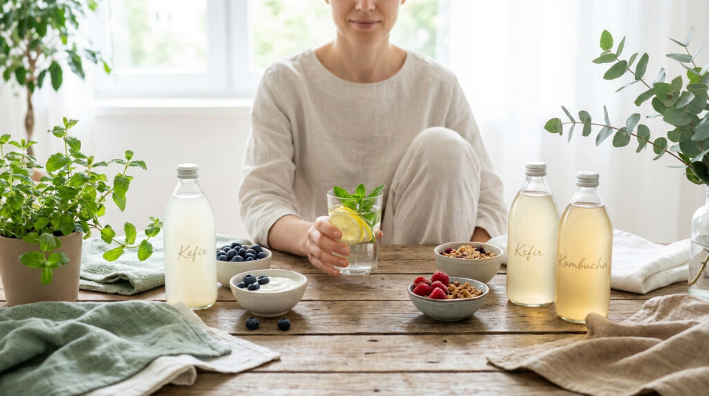 Une personne assise devant une table avec du kéfir, du kombucha, des baies et du yaourt pour favoriser la flore intestinale.