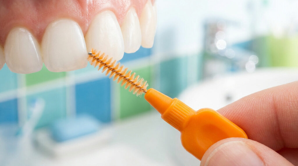 Une main utilisant une brossette interdentaire orange de 0,9 mm pour nettoyer l'espace entre deux dents saines.