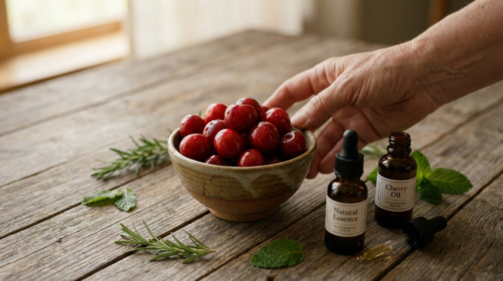 Une main s'approche d'un bol de cerises fraîches à côté de flacons d'huiles essentielles sur une table en bois.
