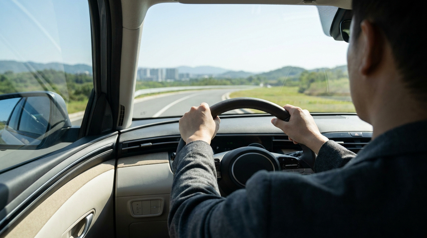 Vue depuis le siège conducteur d'une personne tenant le volant sur une route dégagée.