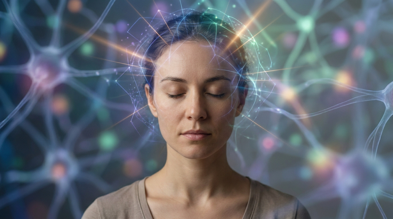 Portrait d'une femme méditant avec une représentation lumineuse de connexions neuronales autour de sa tête.