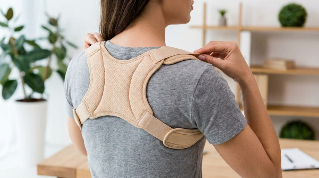 Une personne portant un correcteur de posture beige sur un t-shirt gris, ajustant les sangles sur ses épaules.