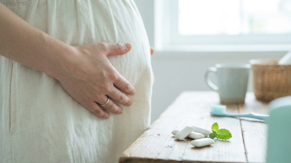 Femme enceinte posant la main sur son ventre avec des chewing-gums et une brosse à dents sur une table en bois.