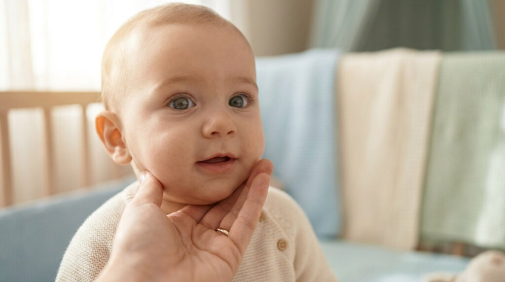 Une main d'adulte touche doucement la joue d'un bébé souriant dans son berceau.