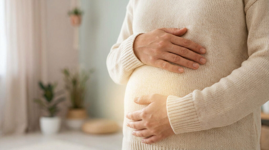 Une femme enceinte portant un pull en maille beige pose ses mains sur son ventre arrondi.
