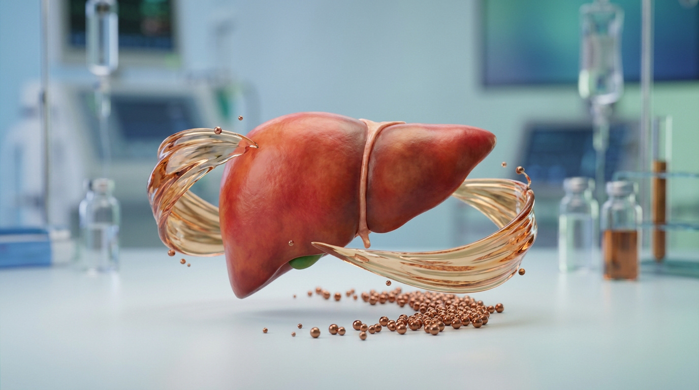 Représentation 3D d'un foie humain entouré d'un flux liquide doré et de billes métalliques dans un environnement médical.