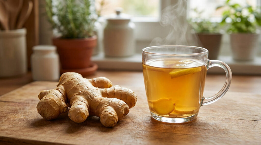 Racine de gingembre fraîche à côté d'une tasse de tisane fumante sur une planche en bois dans une cuisine.