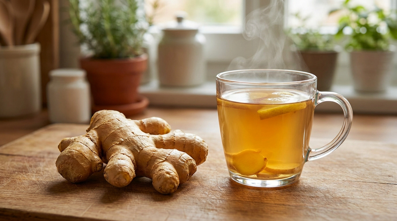 Racine de gingembre fraîche à côté d'une tasse de tisane fumante sur une planche en bois dans une cuisine.