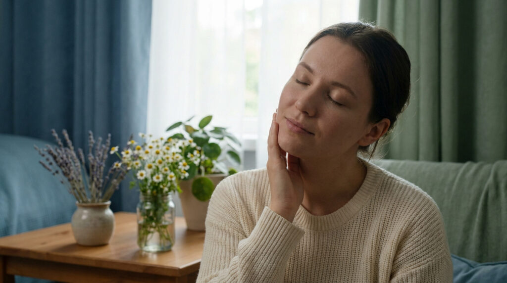 Femme apaisée touchant sa mâchoire avec des fleurs en arrière-plan