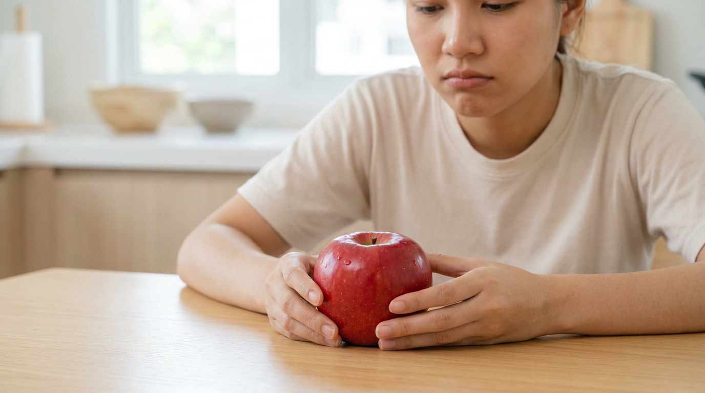Jeune femme regardant une pomme rouge avec une expression hésitante dans une cuisine.